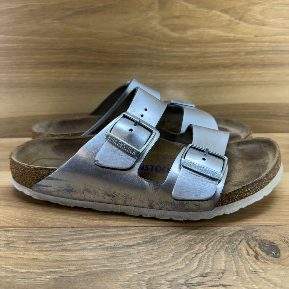 Birkenstock Arizona Soft Footbed Sandals Womens 8 N EU 39 Silver Leather Travel - Picture 5 of 10